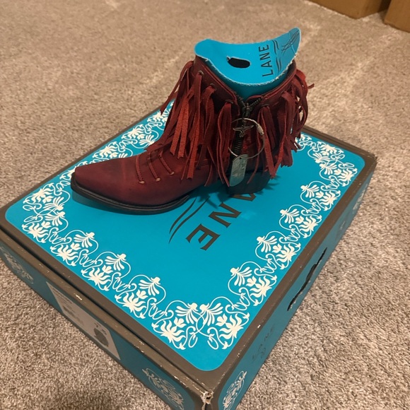 Lane Women's Leather Red Ankle Boots with Fringe - Picture 2 of 4